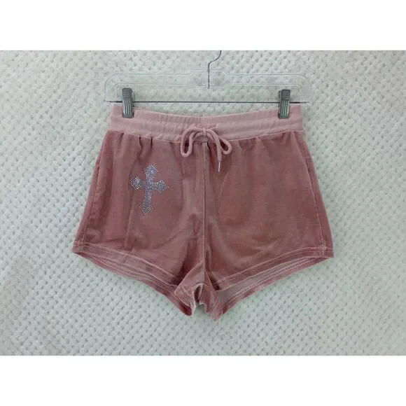 Y2K Pink Velvet Shorts Rhinestone Cross Romwe Women's Medium