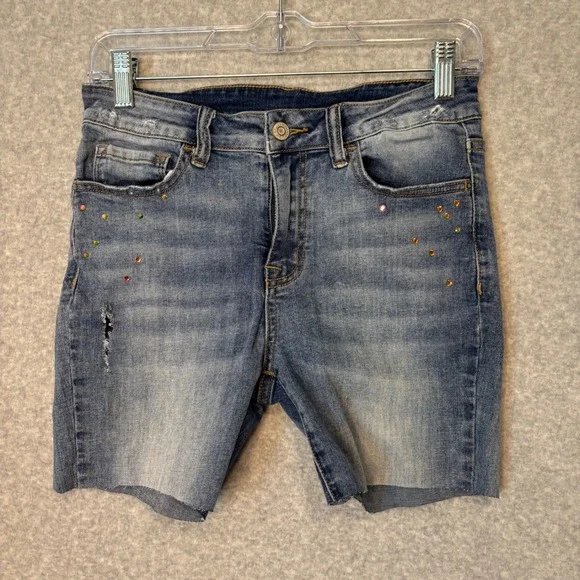 Klique B Women's 3 Denim Shorts Rhinestone Distressed Raw‎ Hem Casual Cute Jean