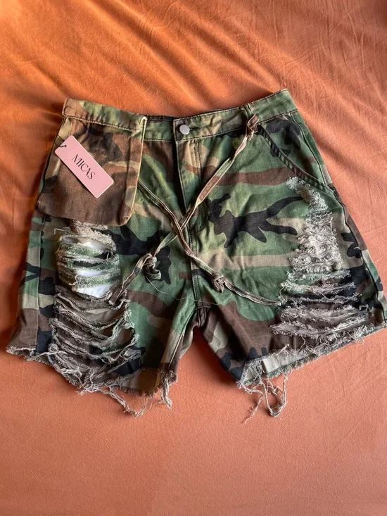 MICAS Green Camo Distressed Jean Shorts