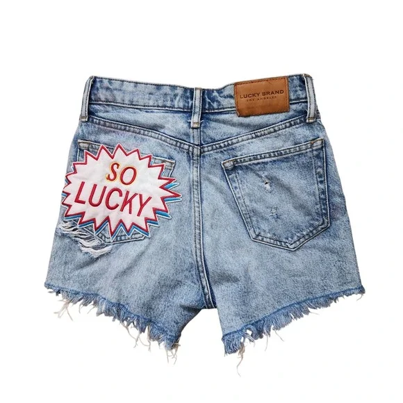 Lucky Brand Denim Shorts So Lucky Patch‎ Distressed Frayed Hem Women's Size 0