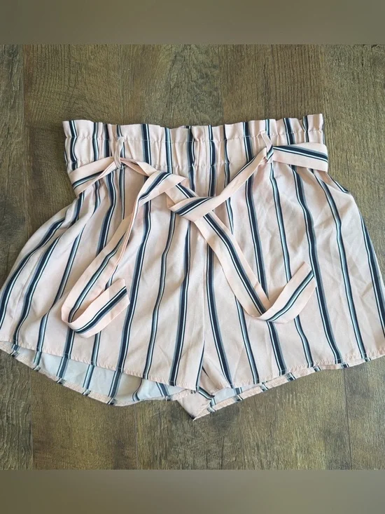 Shein Women's  Silky Striped Ruffle Top Elastic Shorts Belt Pink Blue XL