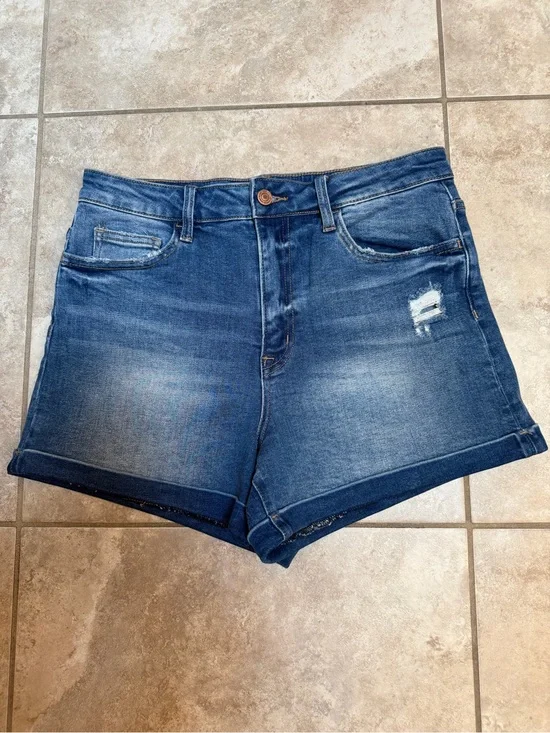 Vervet High-Rise Denim Jean Shorts with Rolled Hem, Size Large
