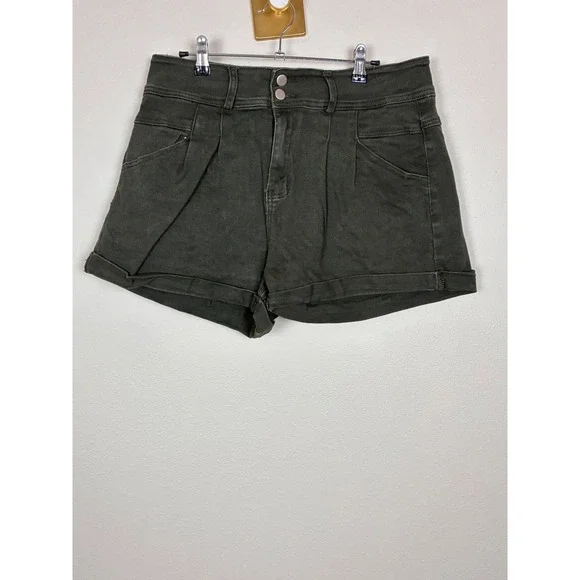 Hilltichu Olive Green Cuffed Denim Shorts Womens XL Pleated Front Utility Style