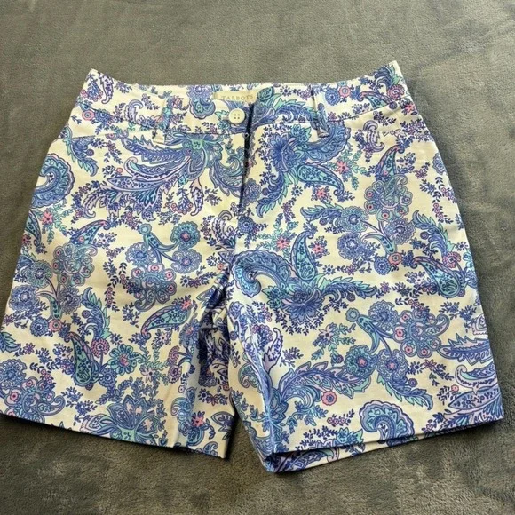 Talbots Petite Blue Pink Paisley Chino Shorts Size‎ 2P Cotton Stretch Summer