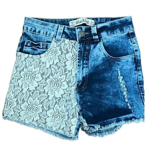 Blackout Women’s Distressed Lace High Waisted Jean Shorts‎ Made in Brazil Sz S