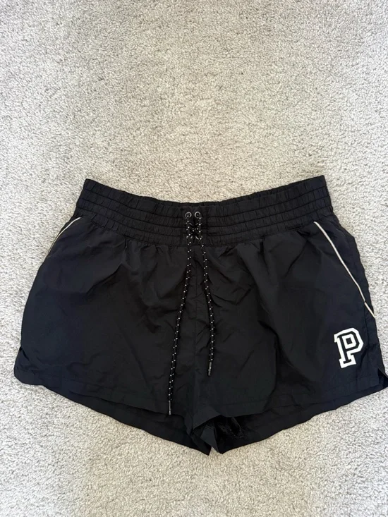 Victoria's Secret Pink Black Drawstring Athletic Shorts Logo Contrast Trim Large