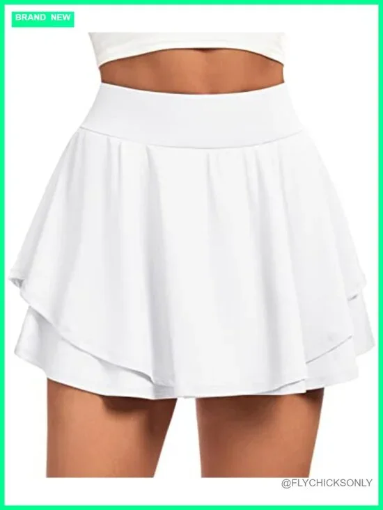 Double Ruffle Pleated Tennis Skort with Pockets Tummy Control