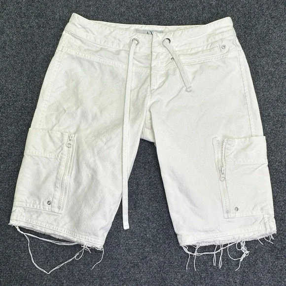 Armani Exchange Cargo Shorts White Frayed Hem Drawstring Utility Y2K Streetwear‎