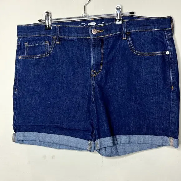 Old Navy Dark Wash Zip Fly Folded Cuff Fitted Stretch Jean‎ Shorts Size 14
