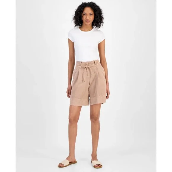 Boss Orange High-Rise Baggy-Fit Shorts Women's 12 Med Beige Solid Side Pockets