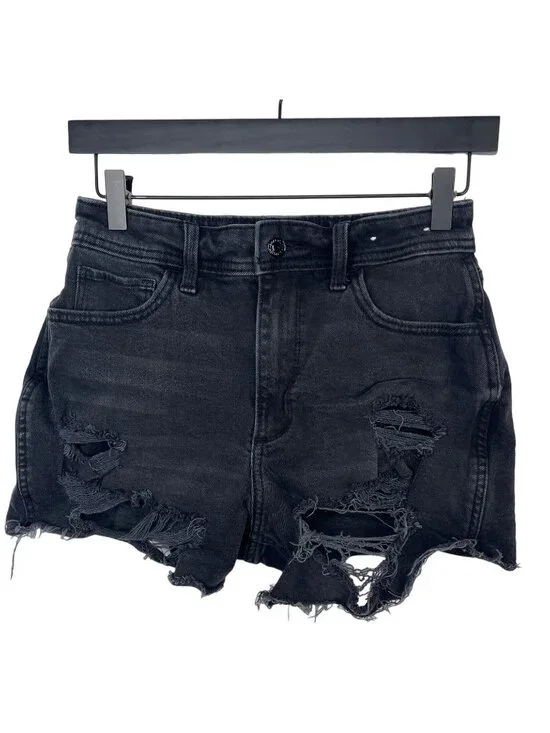 Hollister Women's High Rise Curvy Denim Shorts Black Ripped Raw Hem Size 26
