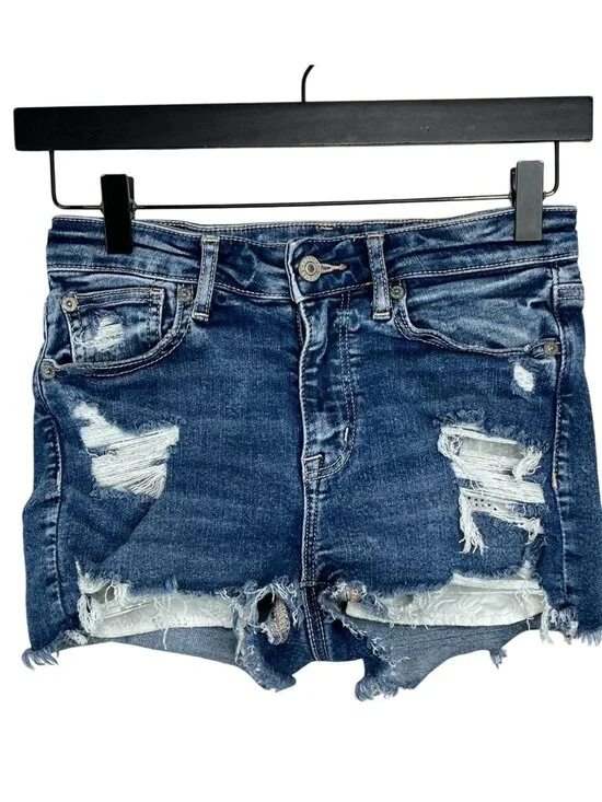 American Eagle Hi Rise Distressed Denim Shorts Size 2 Raw Hem Festival