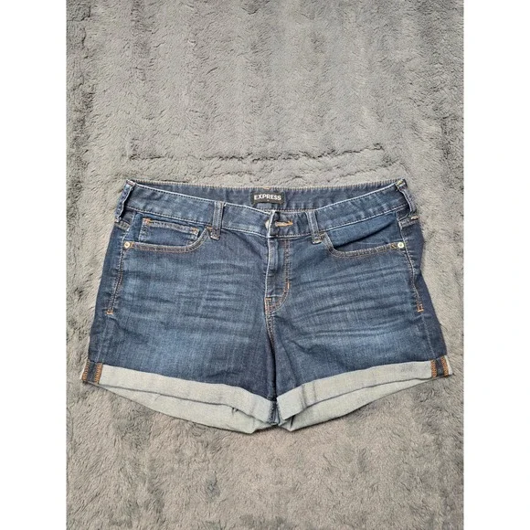 Express Midi Low Rise Denim Shorts Dark Wash Cuffed Jean Shorts Womens 14