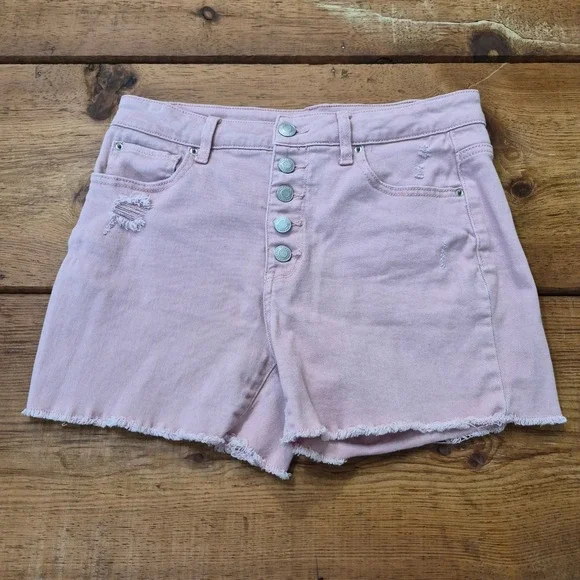 Time and Tru Womens Pink High Rise Button Fly Distressed Denim Shorts Size 8