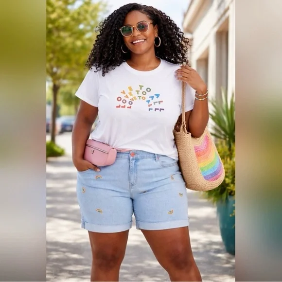 Lane Bryant Light‎ Wash Embroidered Rainbow Shorts - Size 18