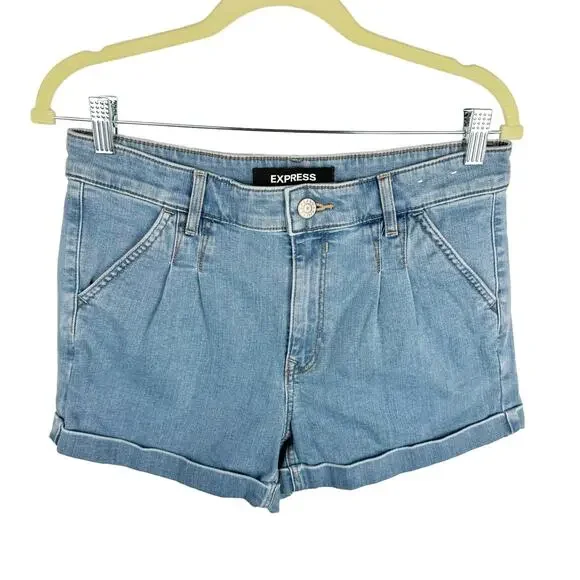 Express Blue Light Wash Denim Pleated Cuffed Jean‎ Hi-Rise Shortie Shorts Sz 8