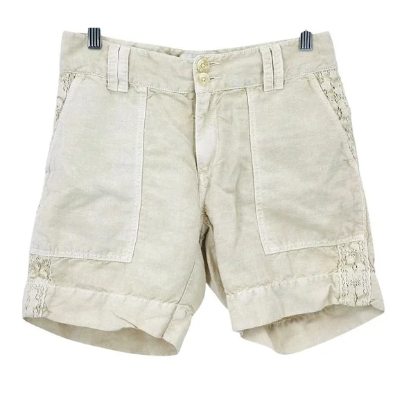 SUNDANCE Linen Blend Shorts Sandy‎ Beige Crochet Lace Trim 6