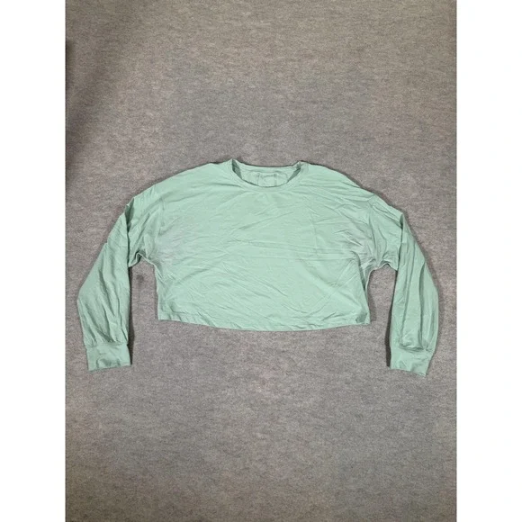 Lululemon Shirt Womens 10 Green Cropped Long Sleeve Crew Mesh Yoga Athletic Top
