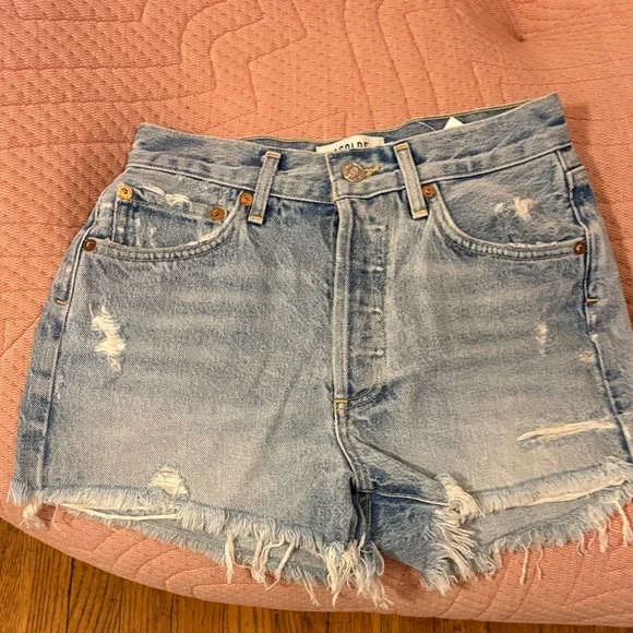 Agolde Light Blue Distressed Denim Cutoff Shorts