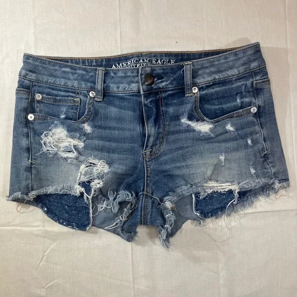 American Eagle Shortie Super Stretch Distressed Denim Shorts Blue Womens Size 10