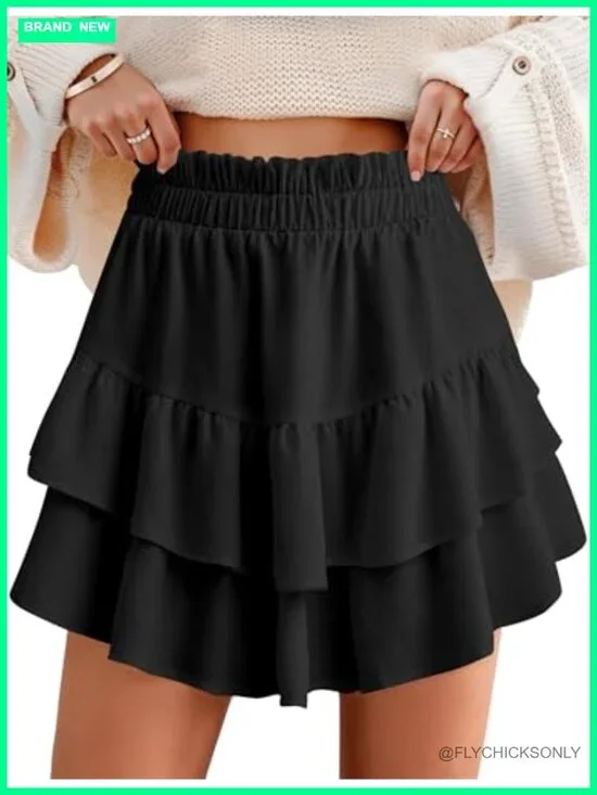 Flowy Ruffle Skort with Pockets High Waisted Layered Tiered Skirt Shorts