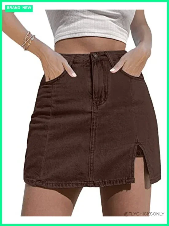 Denim Skort with High Waist Side Slit Stretchy Mini Jean Skirt with Shorts