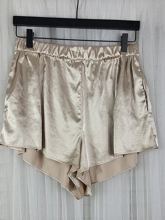 Meshki Satin Shorts in Champagne Beige. Size L