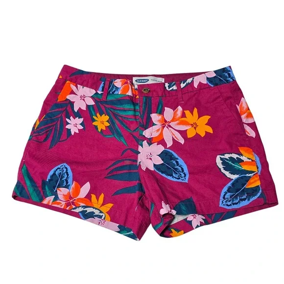 Old Navy Everyday Short Womens 10 Magenta Tropical Floral Cotton Chino‎ Shorts