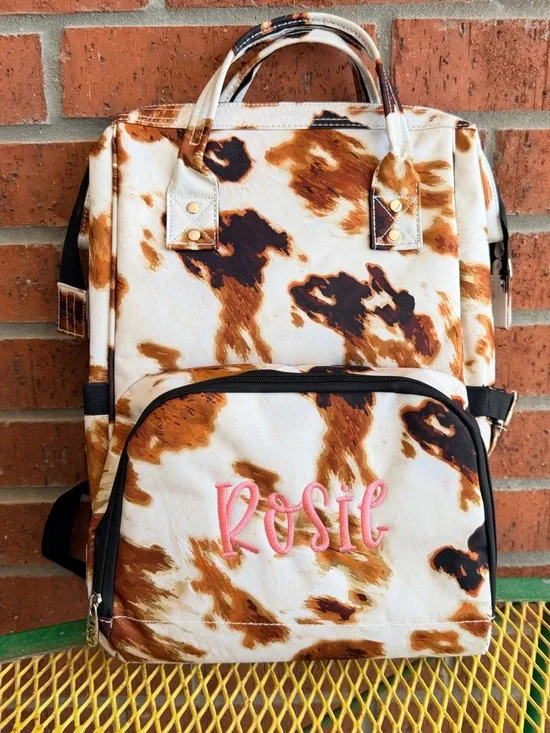 Cow Print Backpack Diaper Bag ALREADY PERSONALIZED WITH ROSIE IN PINK THREAD