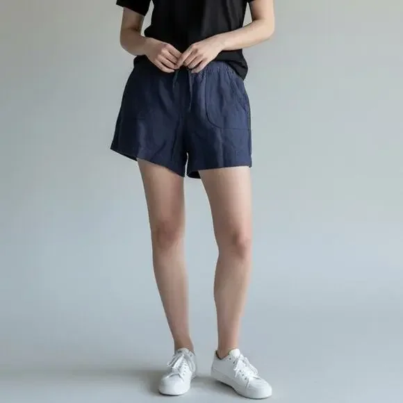 Athleta Casual Navy Blue Basic Linen Feel Shorts Womens 14 Mid Rise Drawstring