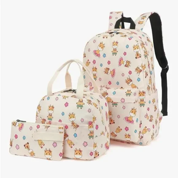 NWOT Giraffe School Backpack Girls, 3Pcs Waterproof Lunch bag pencil case