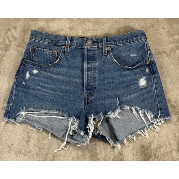 Levis 501 Big E Cut Off Shorts Womens 31 Blue Premium Excellent Distressed Denim