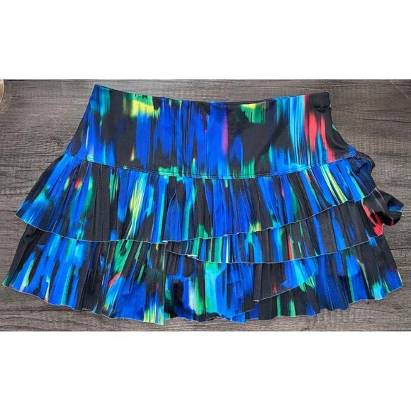 Lucky In Love Womens Small Blue Abstract Tiered‎ Pleated Tennis Skort Skirt Golf