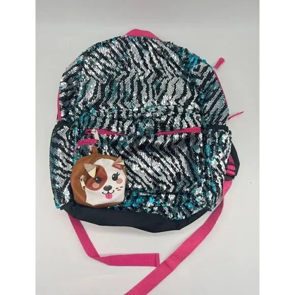 New Wonder Nation Kids Black Zebra Sequin Backpack 16'