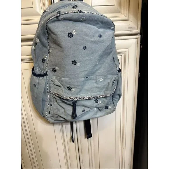 J. Crew Crewcuts Girls Embroidered Flower Chambray Backpack Blue OS