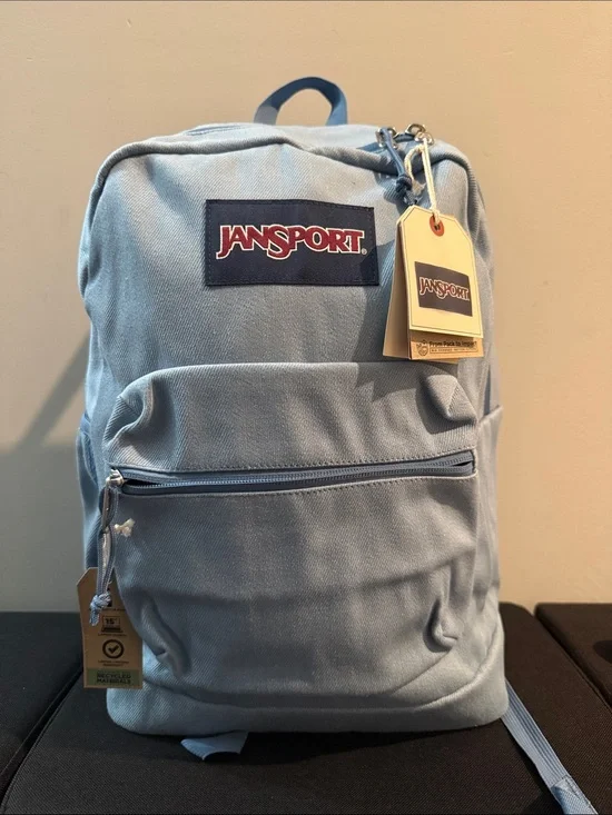 15 inch JanSport Cross Town Light Denim Backpack with Front Zip Pocket