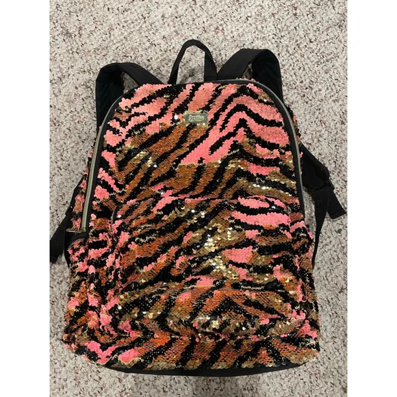 Girls' Backpack-Justice Pink Black Gold Flip-Sequin Zebra (Back to School)