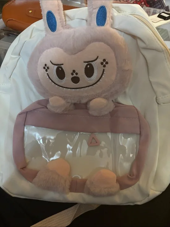 Plush Labubu Clear Pocket Backpack - Soft Pink & White