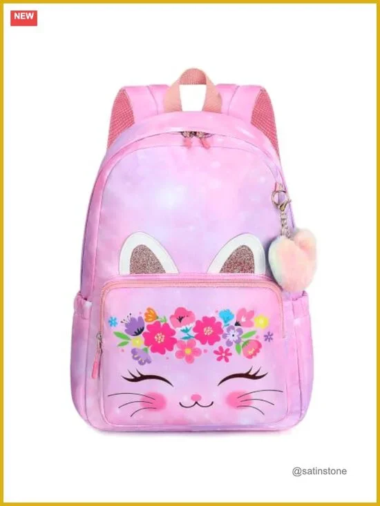 Kids Cat Backpack with Laptop Compartment, Lightweight School Bookbag for Girls
