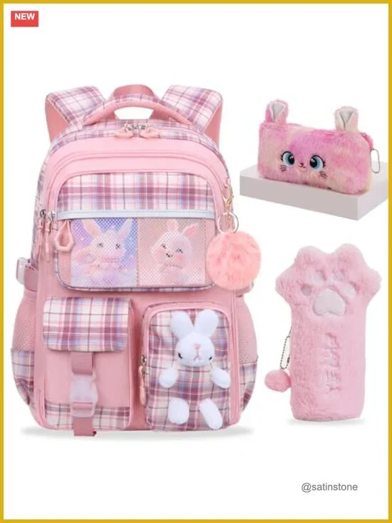Girls Rabbit Backpack with Pencil Case Set Nylon Kids Elementary School Bag