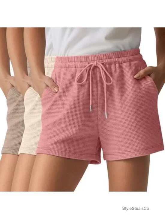 3 Pack High Waist Waffle Knit Shorts with Pockets Soft Drawstring Summer