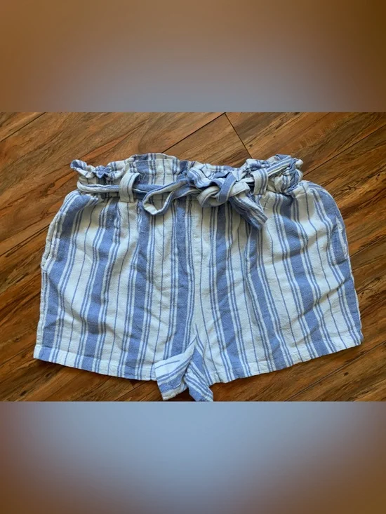 Source Unknown Blue and White Striped Paperbag Waist Shorts