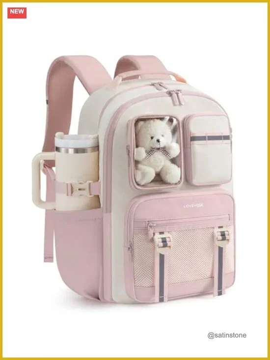 Girls School Backpack with Plush Bear, Laptop Compatible, 3 Compartments, 17