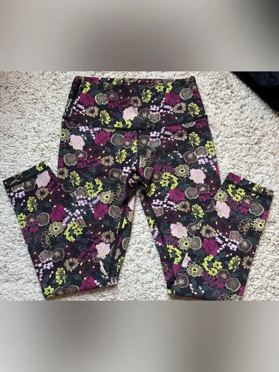 Girls' Floral Active Leggings - Black with Pink & Green