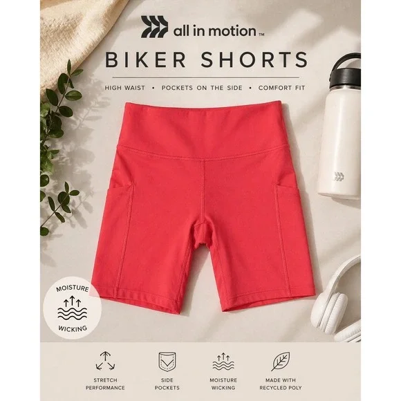 All in‎ Motion High Rise Biker Shorts XS Coral Pink Athletic Compression Pockets