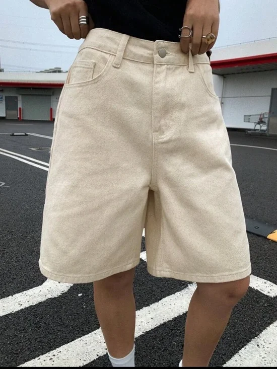 SHEIN Cream High-Waist Relaxed Denim Shorts