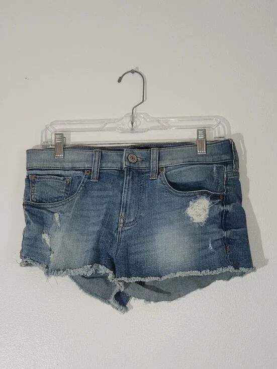 Express Women's Distressed Denim Shorts in Medium Blue