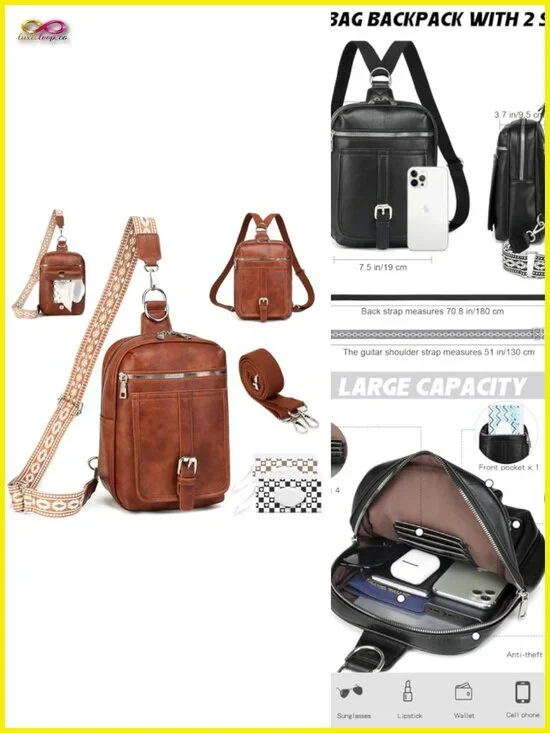 Mini Diaper Bag Crossbody Sling Purse 2-in-1 Leather Backpack with 2 Straps