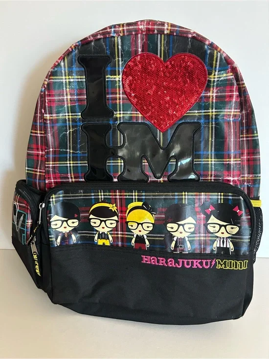 Harajuku Mini Plaid Backpack with Red Sequin Heart