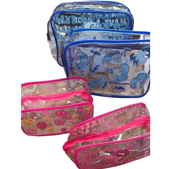 Kids Clear PVC Travel Pouch Set 4pc Smiley Face Cheetah Blue Pink Organizer Bags